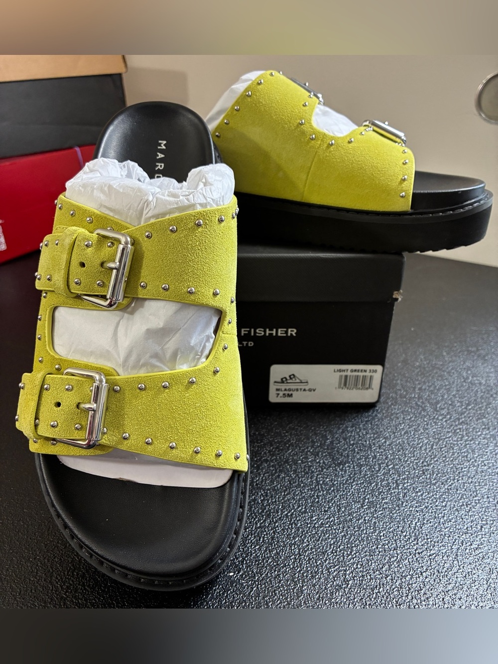 Marc Fisher Agusta Lime Suede Double-Buckle Studded Slide Sandals